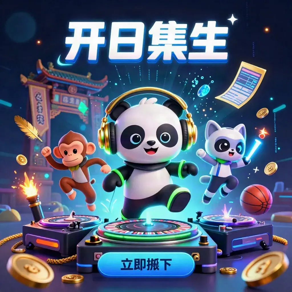 DJ panda, dancing monkey, and glow-stick kitten amid neon casino energy and treasure