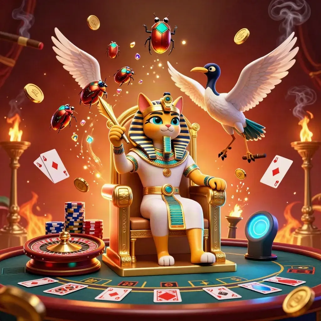 Pharaoh cat, ibis scribe, and gem-wing scarabs in a luxe casino scene with coins, cards, and roulette.