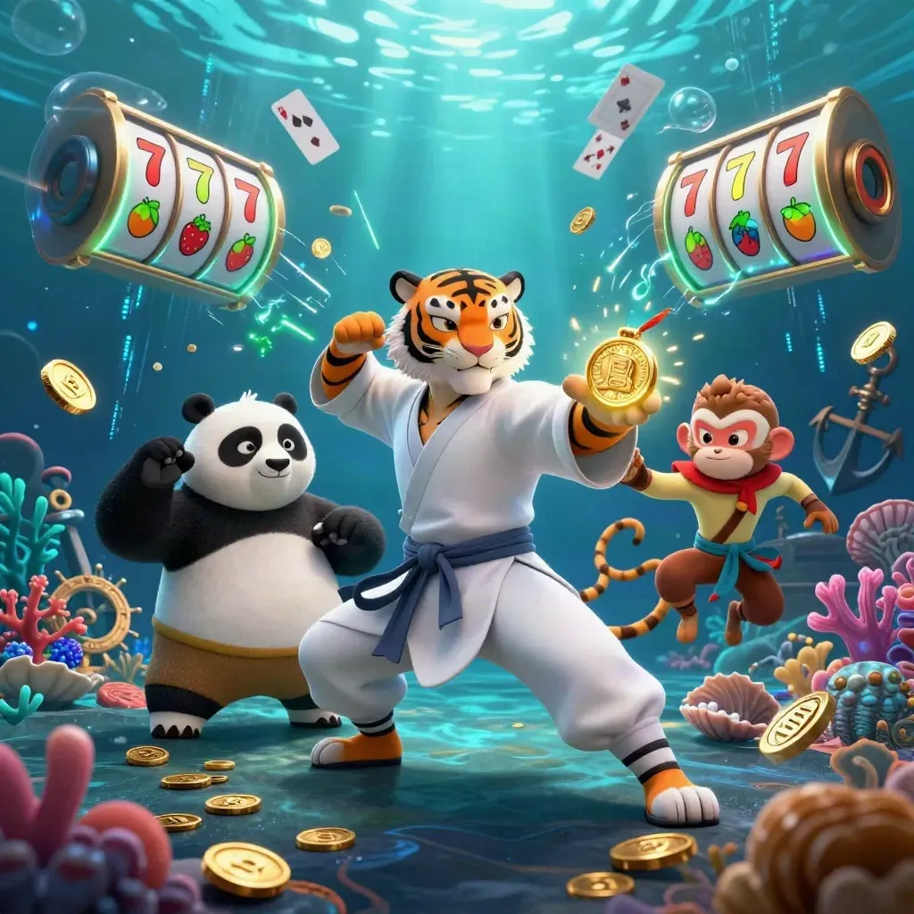 Kung-fu tiger, panda, and monkey in an underwater treasure burst of coins and neon energy