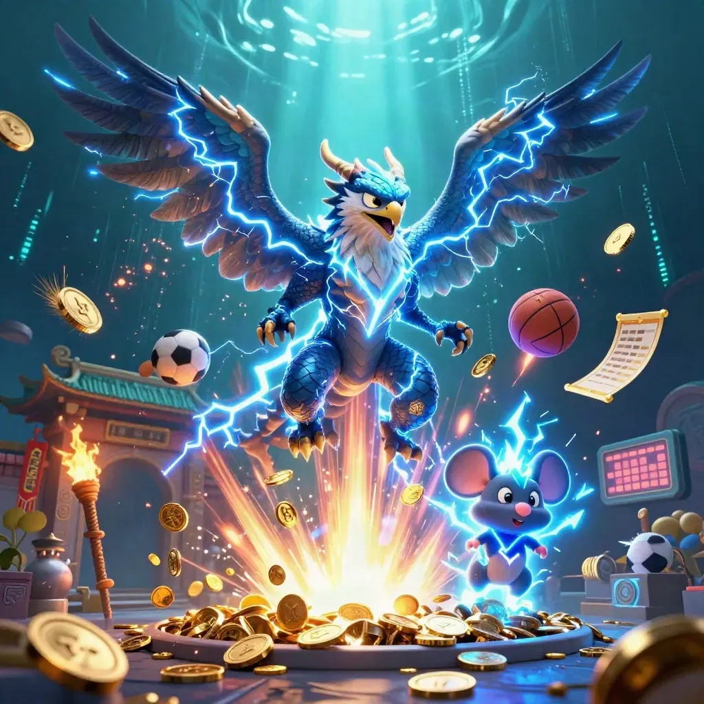Thunder dragon, wind hawk, and static mouse amid gold coins, temple gate, and neon casino energy.
