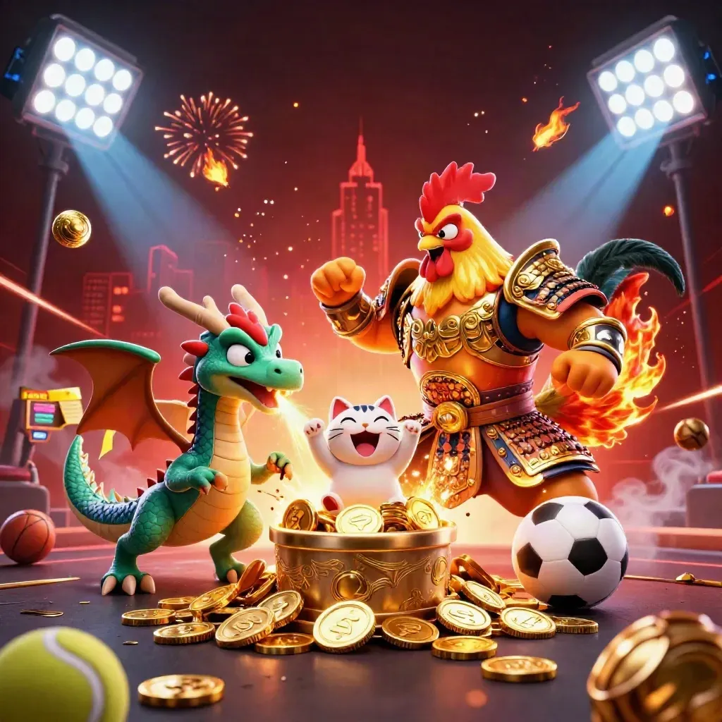 Rooster warrior, dragon hatchling, and cheering fortune-cat amid coins, trophies, and fireworks.