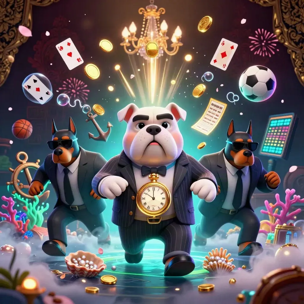 Bulldog boss and Doberman bodyguards amid coins, treasure, coral, and fireworks in a luxe casino burst