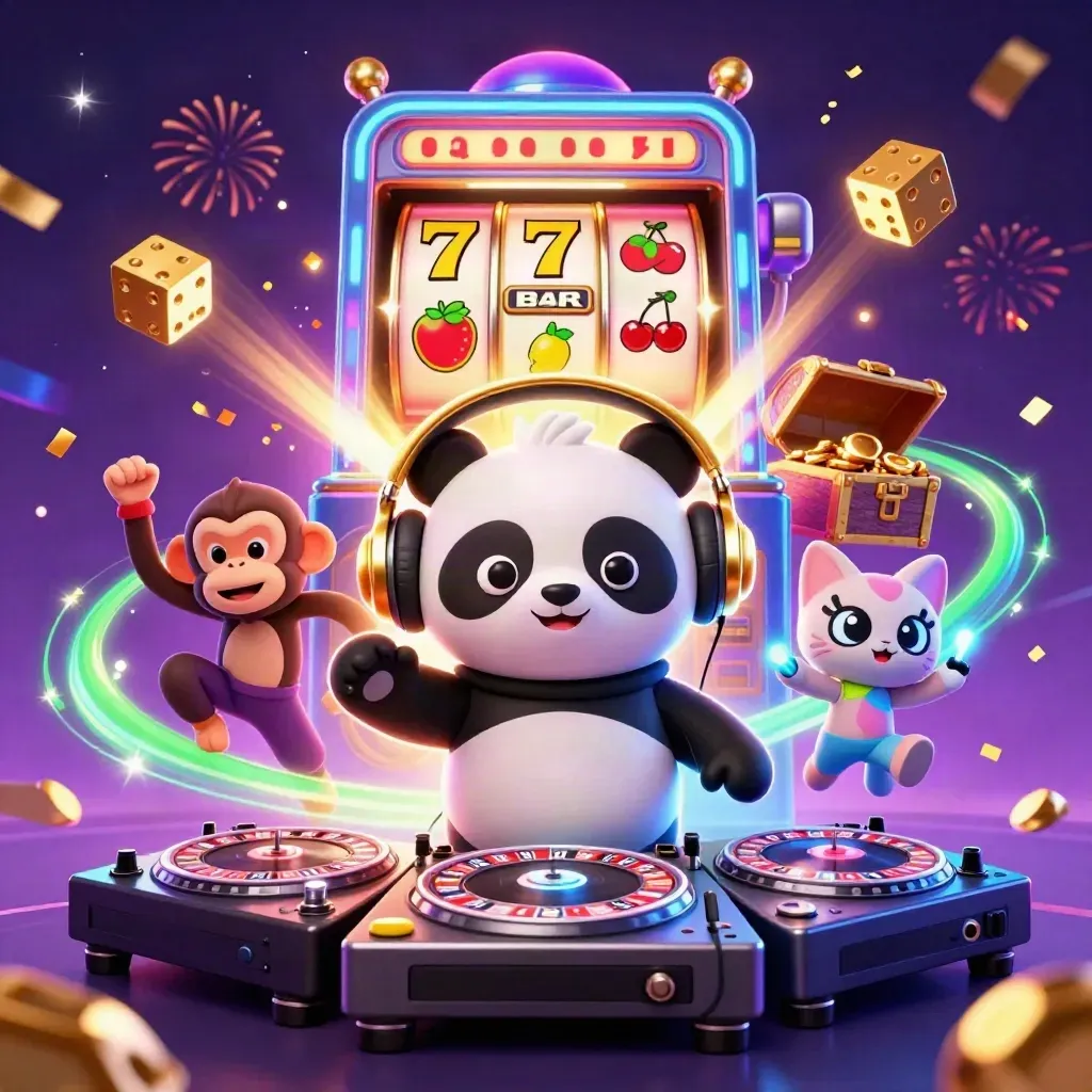 DJ panda, breakdancing monkey and glow-stick kitten amid slot machine bursts and casino sparks