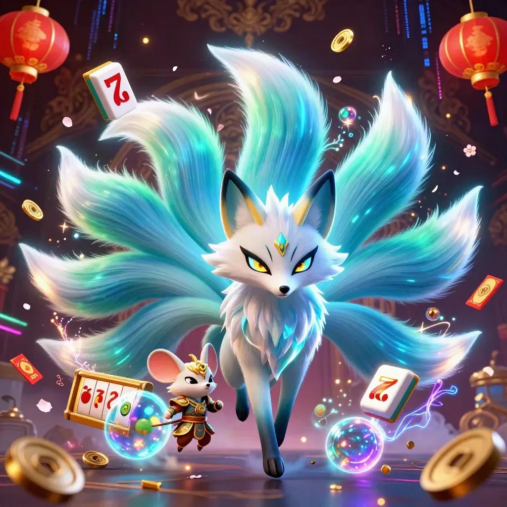 Neon fox spirit and armored mouse amid casino relics, coins, lanterns and lightning